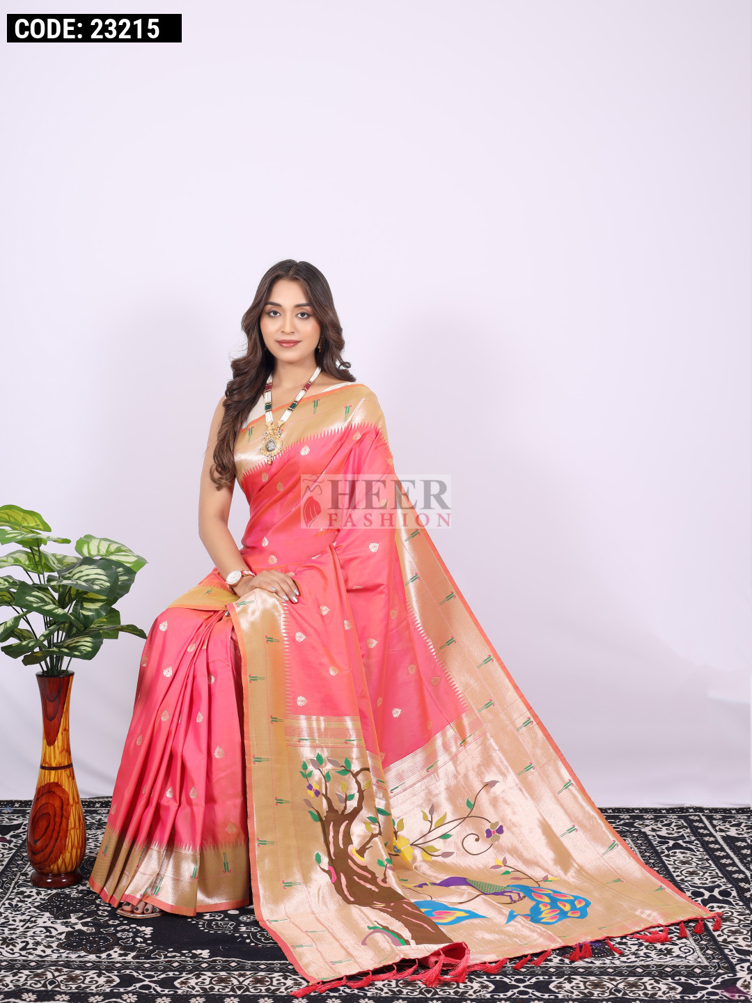 Peach Ethnic Motifs Zari Woven Embellished Saree