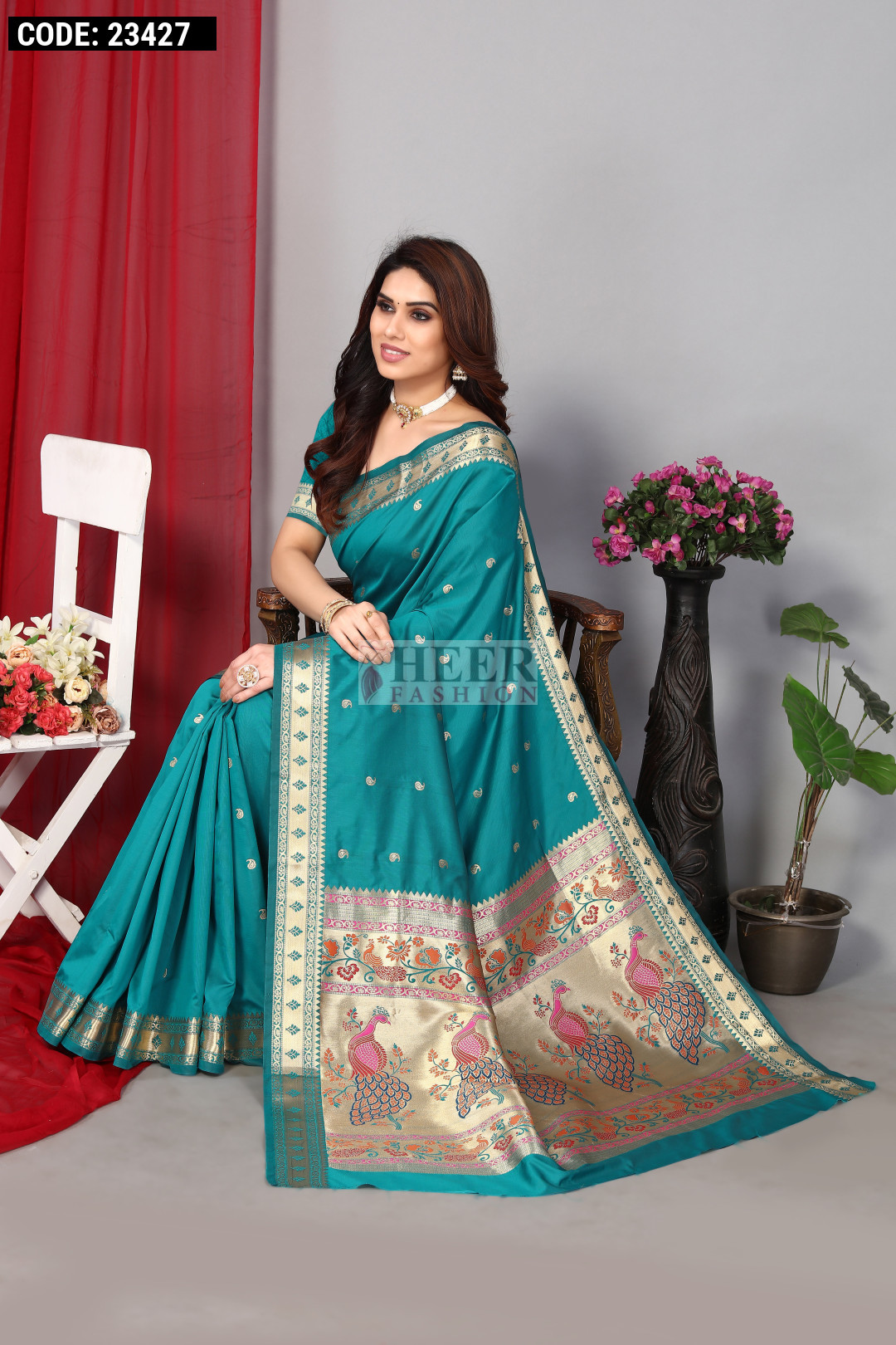 Rama Green Khatli Work Embroidered Designer Wedding Saree