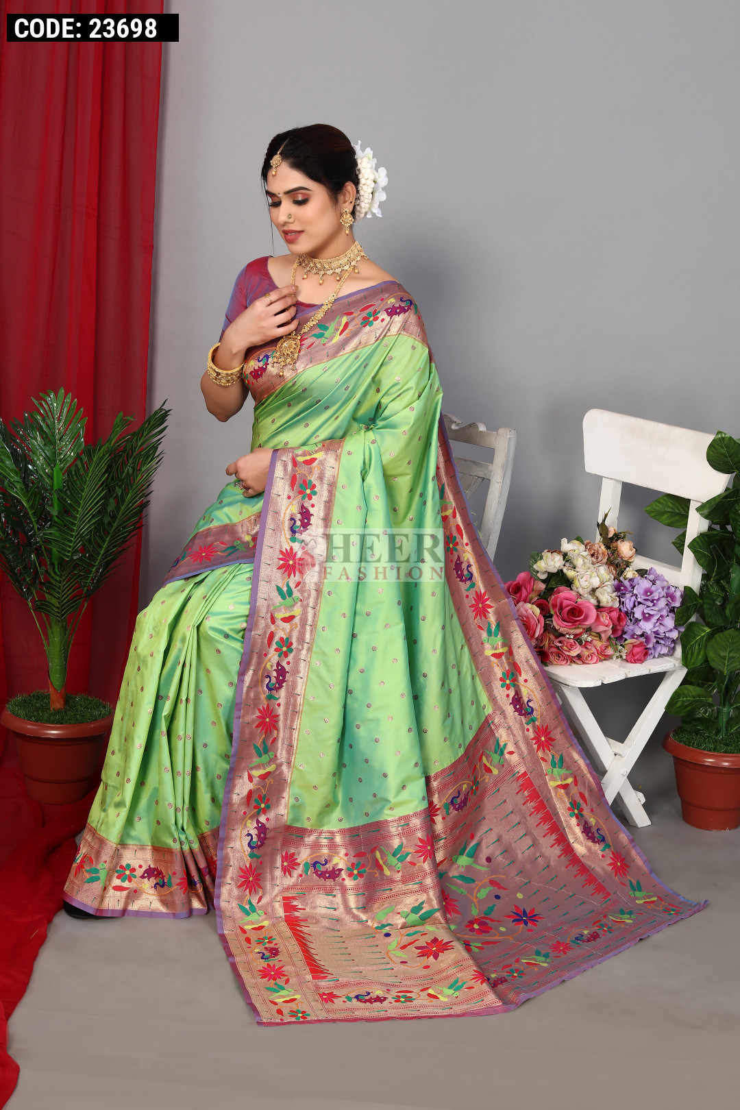 Hippie Green Soft Silk Contrast Zari Paithani Saree main image 1