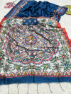 Navy blue color tussar silk saree with madhubani printed work