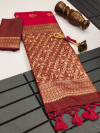 Red color soft tussar silk saree with zari weaving work