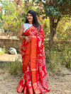 Red color dola silk saree with printed work