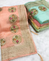 Peach color organza silk saree with moti work