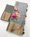 Gray color linen silk saree with printed work