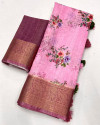 Baby pink color linen silk saree with printed work