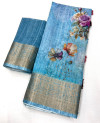 Sky blue color linen silk saree with printed work