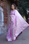 Baby pink color soft satin silk saree zari weaving work
