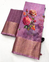Magenta color linen silk saree with printed work