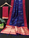 Royal blue color soft handloom raw silk saree with weaving work
