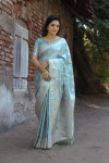 Sea green color soft satin silk saree with zari weaving work