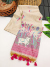 Cream and pink color muga silk saree with weaving work