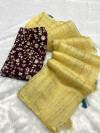 Yellow color soft cotton silk saree with sequence work