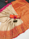 Beige color tussar silk saree with weaving work