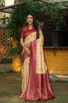 Beige color kanjivaram silk saree with zari weaving work