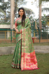 Green color soft organza silk saree with patola woven design