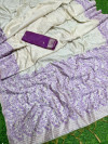 Off white and purple color soft muga cotton saree with jamdani woven design