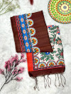 Coffee color tussar silk saree with printed work