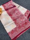 Off white and red color kanjivaram silk saree with zari weaving work