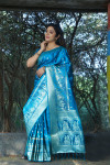 Firoji color soft satin silk saree zari weaving work