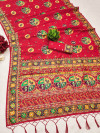 Red color pushmina silk saree with weaving work