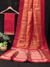 Peach color soft handloom raw silk saree with weaving work