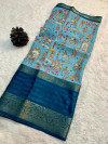 Blue color dola silk saree with digital kalamkari printed work