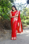 Red color soft satin silk saree zari weaving work