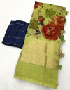 Parrot green color muslin cotton saree with printed work