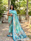 Sea green color pashmina silk saree with printed work