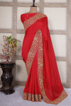 Red color soft vichitra silk saree with embroidery work