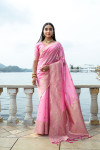 Baby pink color soft silk saree with zari weaving work
