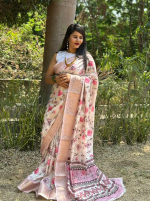 Off white color dola silk saree with printed work