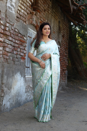 Sea green color soft satin silk saree with zari weaving work