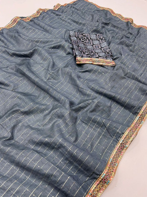 Gray color soft mangalagiri cotton saree with sequence work