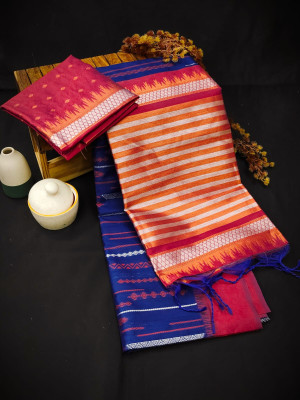 Royal blue color soft handloom raw silk saree with weaving work