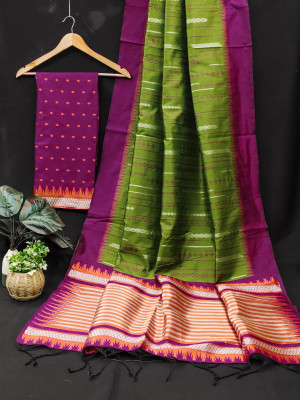 Mahendi green color soft handloom raw silk saree with weaving work