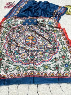 Navy blue color tussar silk saree with madhubani printed work