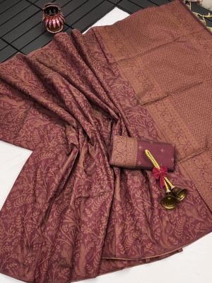 Maroon color soft handloom raw silk saree with weaving work