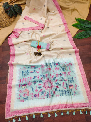 Off white color soft muga silk saree with weaving work