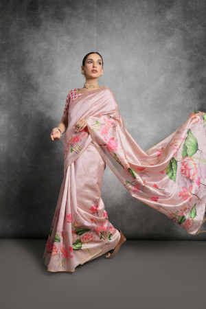 Pink color soft silk saree with printed work