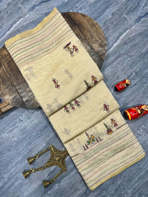 Cream color cotton saree with embroidery work