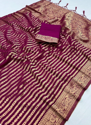 Wine color georgette saree with zari weaving work