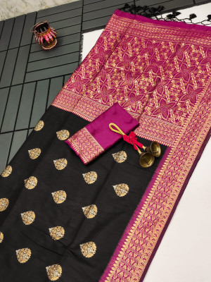 Black color soft tussar silk saree with zari weaving work