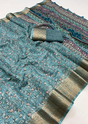 Multi color linen silk saree with printed work