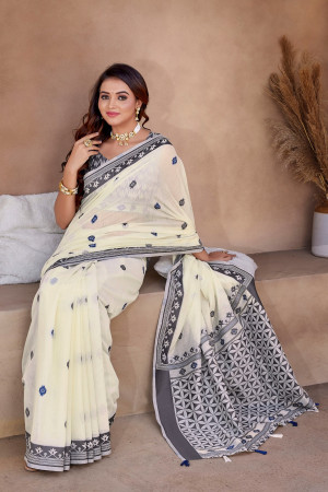 White color cotton saree with weaving work