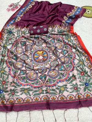 Magenta color tussar silk saree with madhubani printed work