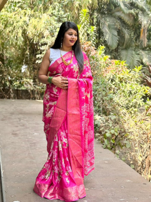 Rani pink color dola silk saree with printed work