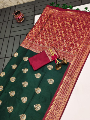 Green color soft tussar silk saree with zari weaving work