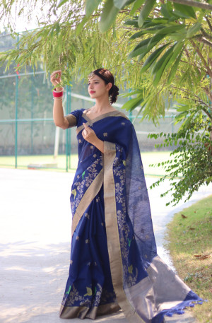 Navy blue color soft linen silk saree with jamdani woven design