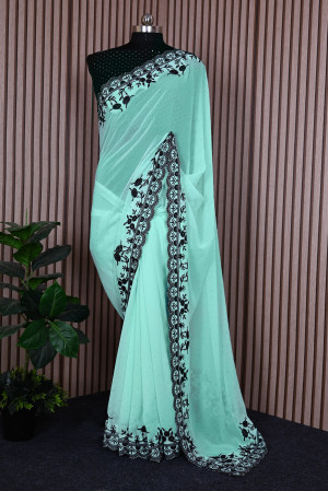 Sky blue color georgette saree with diamond & embroidery work